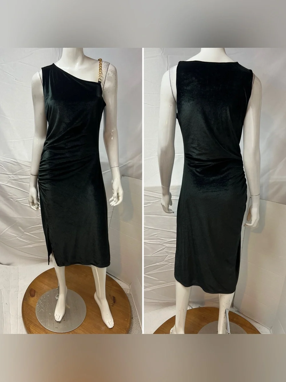 Michael Kors Women’s M Black Velvet Stretchy Ruched Gold Chain Midi Dress